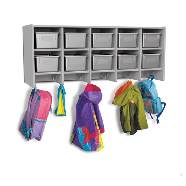 Rainbow Accents 10 Section Wall Mount Coat Locker, with Trays, Gray